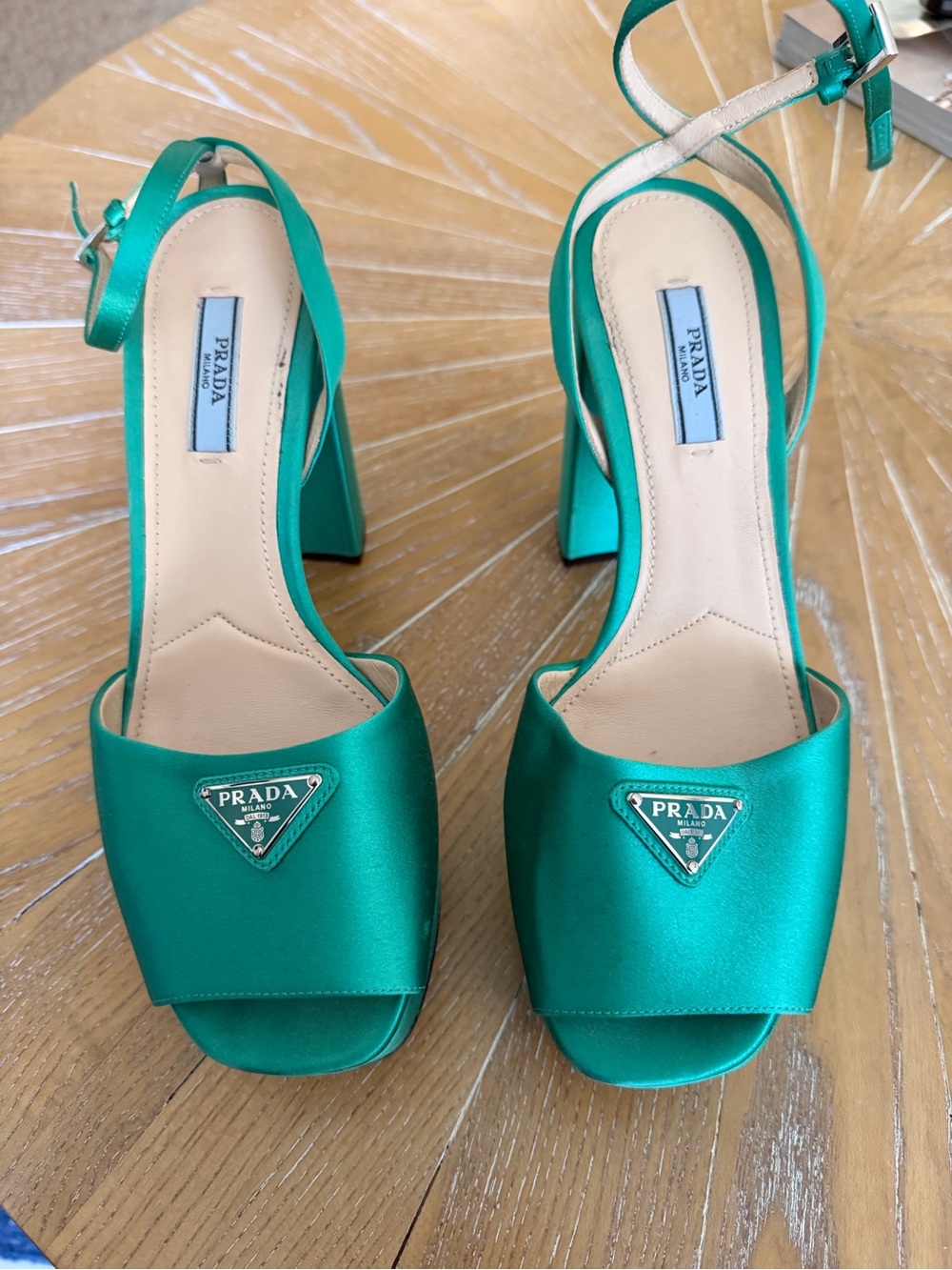 Prada Green Satin Block Heel Sandals - Picture 7 of 11